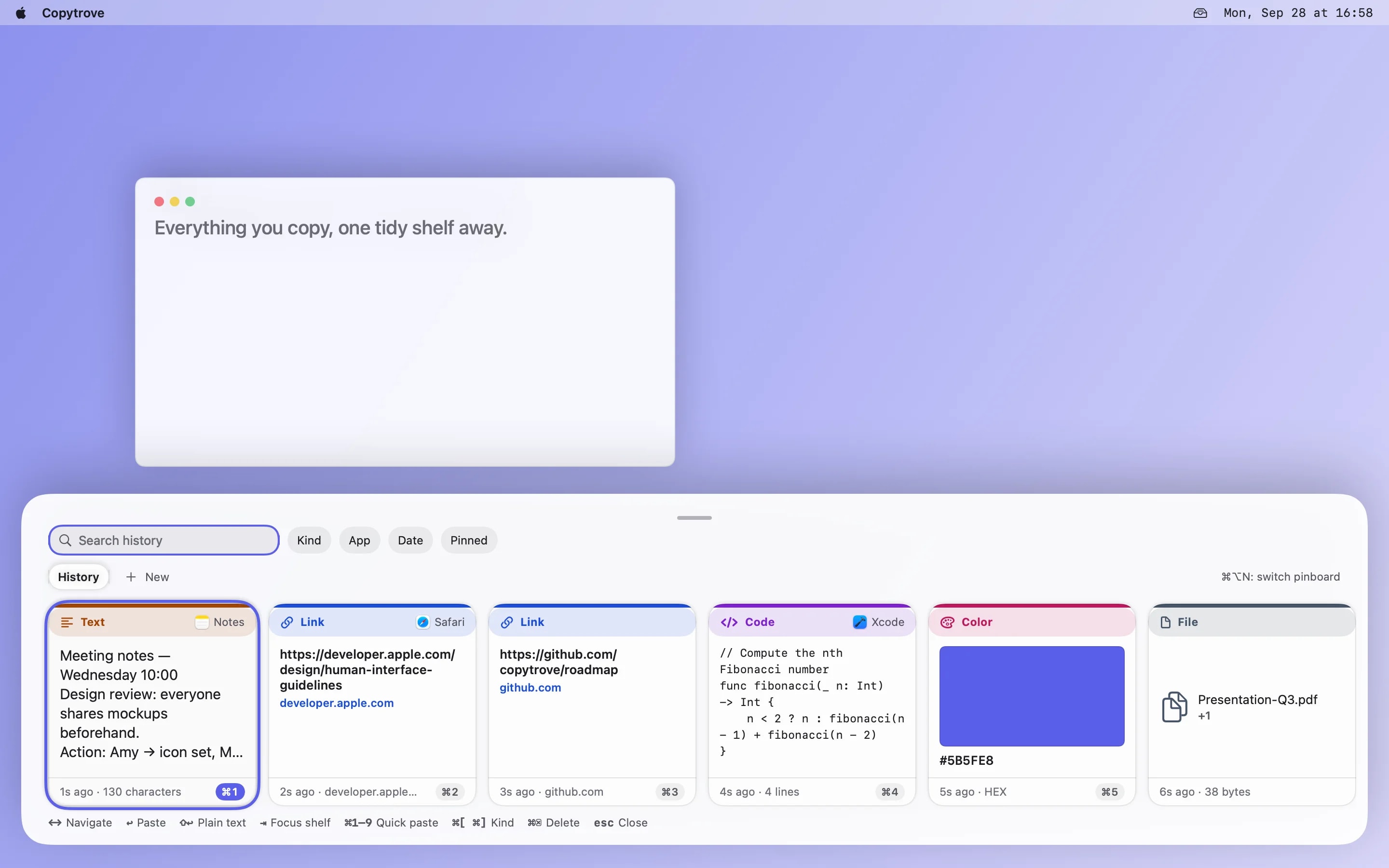 Copytrove's shelf panel showing text, link, code, color, file and rich-text cards side by side